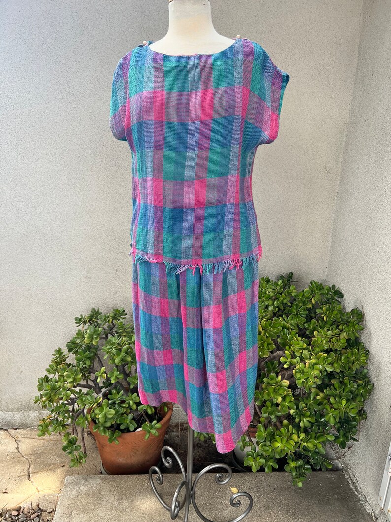 Vintage 80s skirt top set checkers green blue pink woven cotton Sz M Jo Hardin Dallas image 10