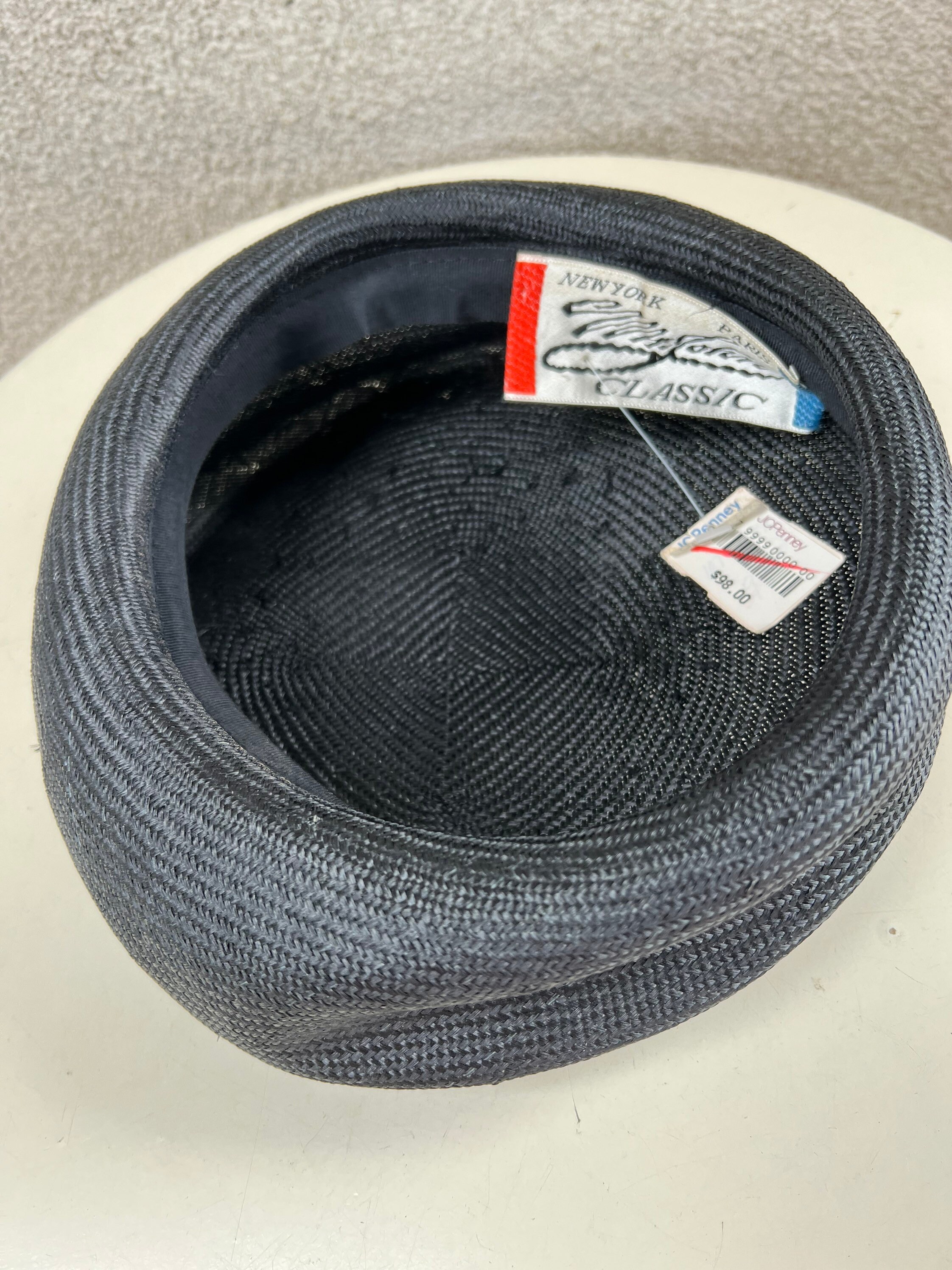 Vintage pillbox bumper straw hat black with rhinestone Mr John Classic sz 21.5” Vintage Mr John Classic Black Pillbox Hat With Rhinestone  main image 2