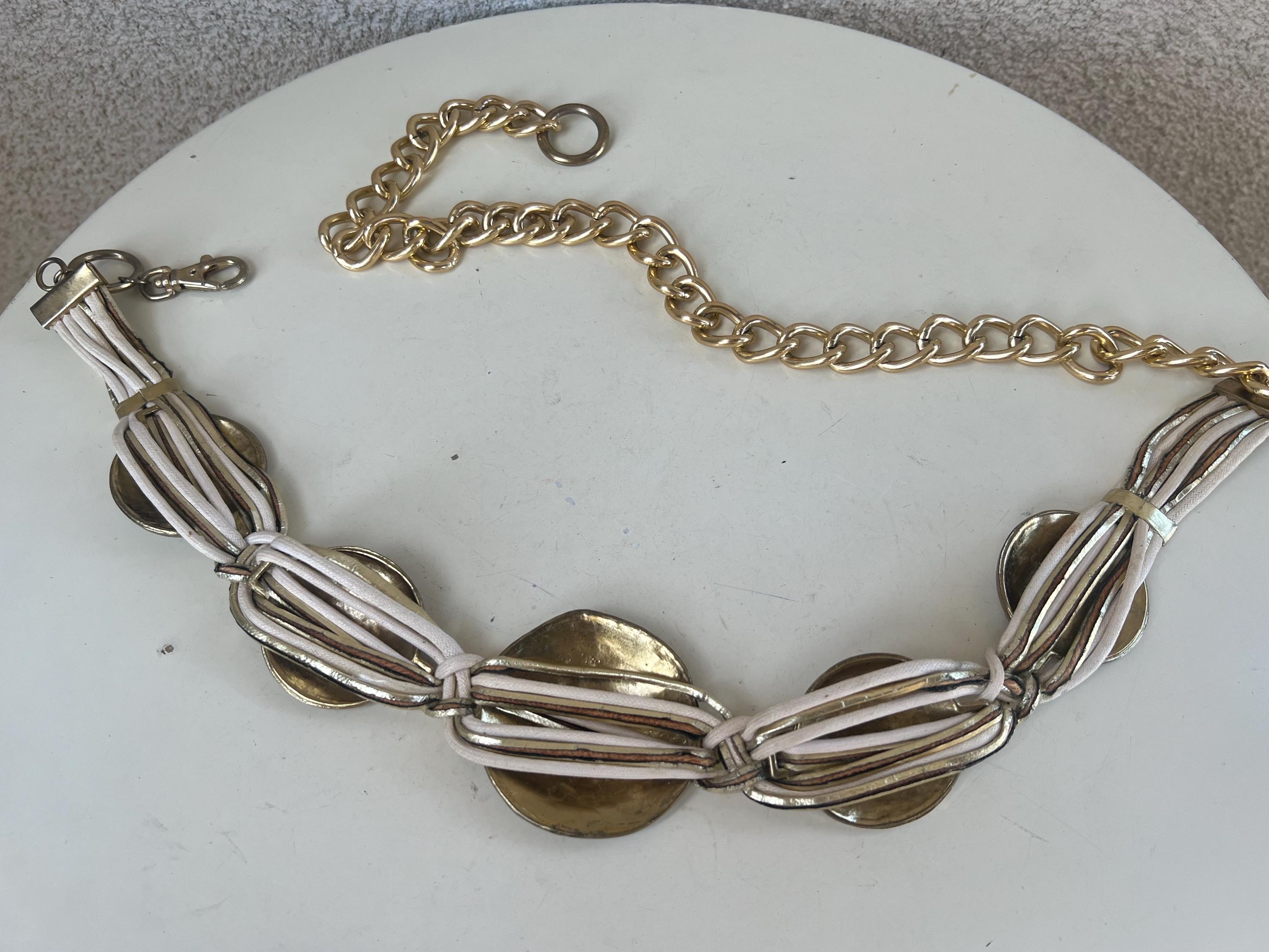 Vintage boho 80s belt brass discs with metallic & white leather fits 24-41”. Vintage Boho 80s Belt Brass Discs With Metallic & White  main image 3