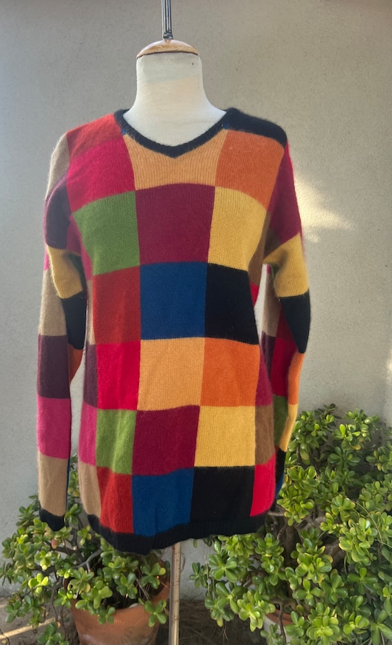 Vintage 80s cashmere sweater checkers fall colors 