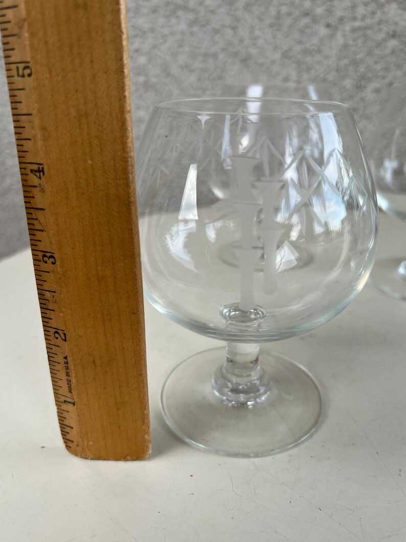 Vintage Radio Brand crystal glasses bamboo etched set4 brandy sniffer glasses holds 12 oz. image 7