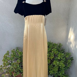 Vintage maxi long dress gold satin black velvet empire waist bodice rhinestones accents Jessica McClintock Bridal NWT Medium