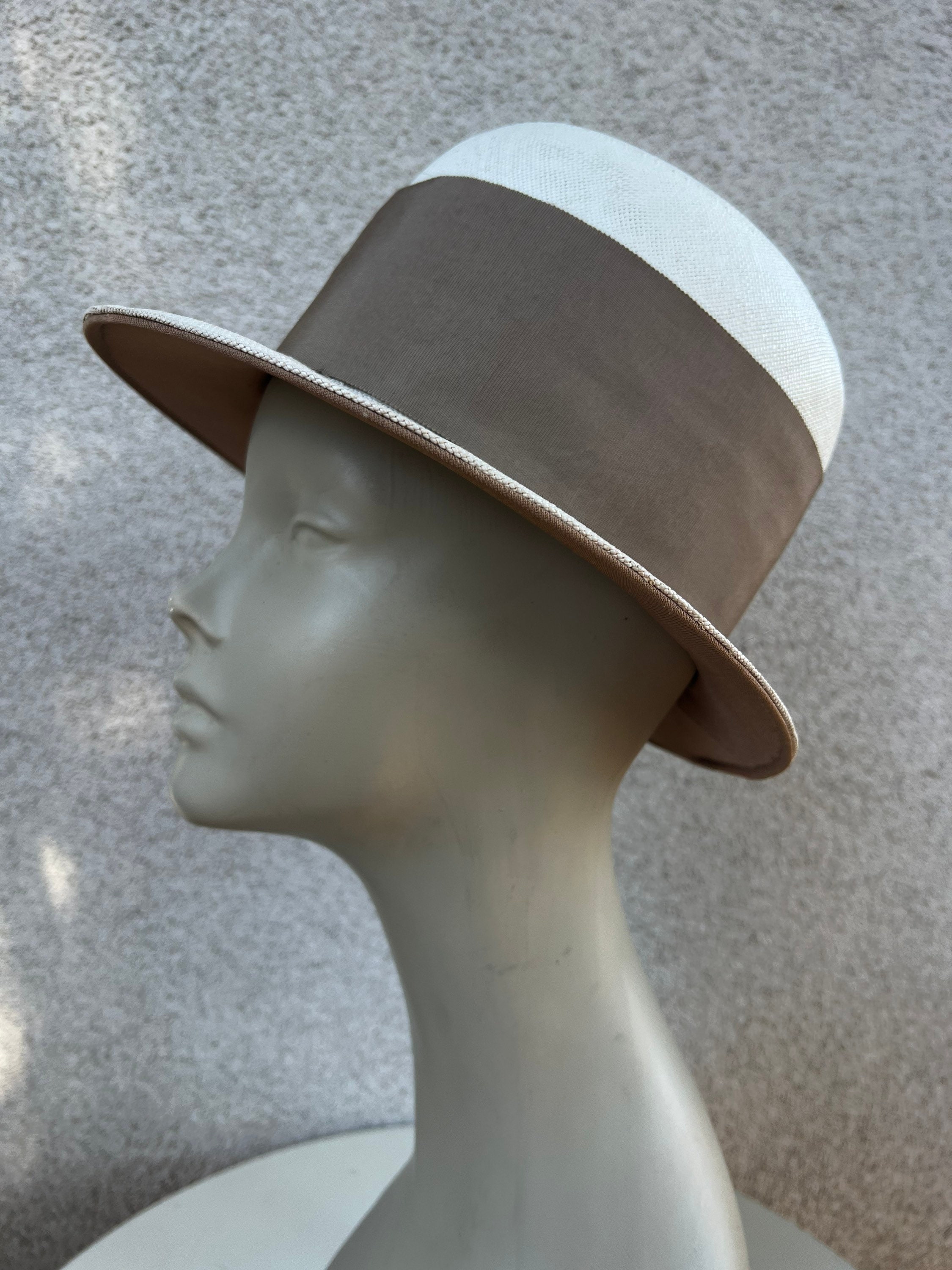 Vintage White Straw Bowler Hat: Taupe Grosgrain Ribbon, Hat  display picture 2