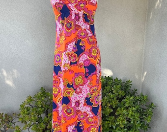 Vintage Hawaiian Groovy nylon maxi colorful sun dress by Catalina Inc Small