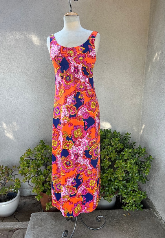 Vintage Hawaiian Groovy nylon maxi colorful sun d… - image 1