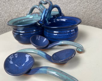 Vintage Bowl Pottery With 3 Spoons Blue Glaze By Jamie De Guzman stamped Studio Art pottery