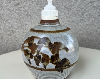 Vintage boho Soap Dispenser Studio Art Pottery Brown Grey signed