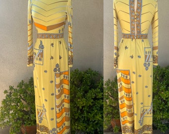 Vintage 70s maxi dress yellow orange print Sz 6 Paganbe LTd