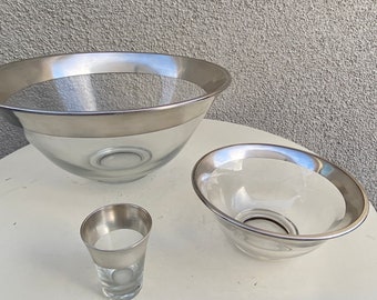 Vintage MCM modern glass silver rim 2 bowls and mini cup set by Dorothy C Thorpe