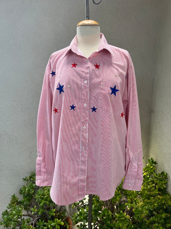 Vintage patriotic blouse red white blue stripes stars Sz XL Apache
