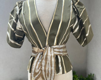 Vintage gorgeous Art to wear olive green jacket top hand painted silvers leather belt XS Terry & Toni