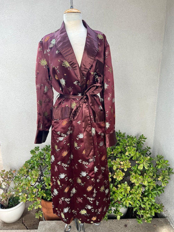 SALE Vintage Mens satin brown brocade wrap robe p… - image 1