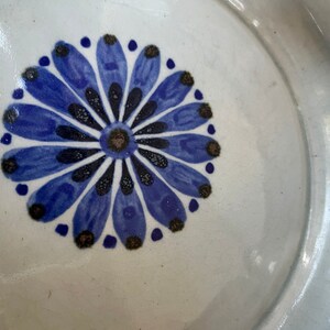 Vintage Ken Edwards large pottery soup bowl with handle blue flower accents size 8.5 x 3.5 image 7