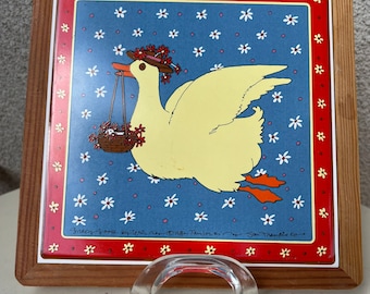 Vintage large 9” tile wood trivet Gracy Goose by Taylor Ng San Francisco CA