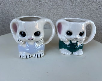 Vintage set 2 ceramic mugs rabbit theme 3D hand painted