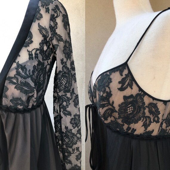 Vintage black nude Peignoir long lingerie set lac… - image 4