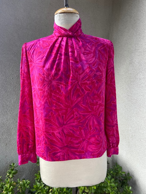 Vintage 80s preppy blouse pink purple sz 4 Petite… - image 1