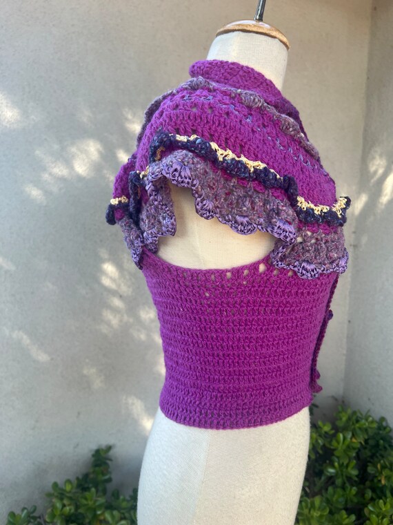 Vintage boho hand knit crochet vest top purples s… - image 3