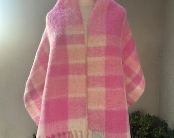 Vintage Mohair wool scarf wrap pink white plaid by St Michael of Great Britain