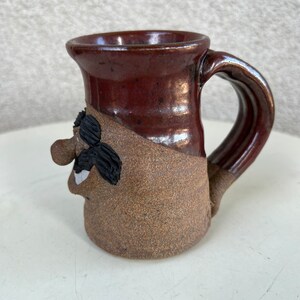 Vintage stoneware studio art pottery brown mug mustache man face brown glaze image 3