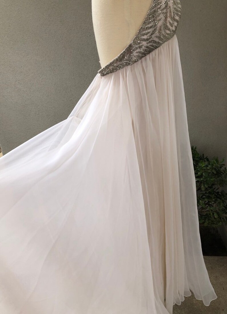 Vintage elegant halter maxi gown ivory chiffon sliver beaded bodice Sz XS Victoria Royal Ltd of Hong Kong China image 4