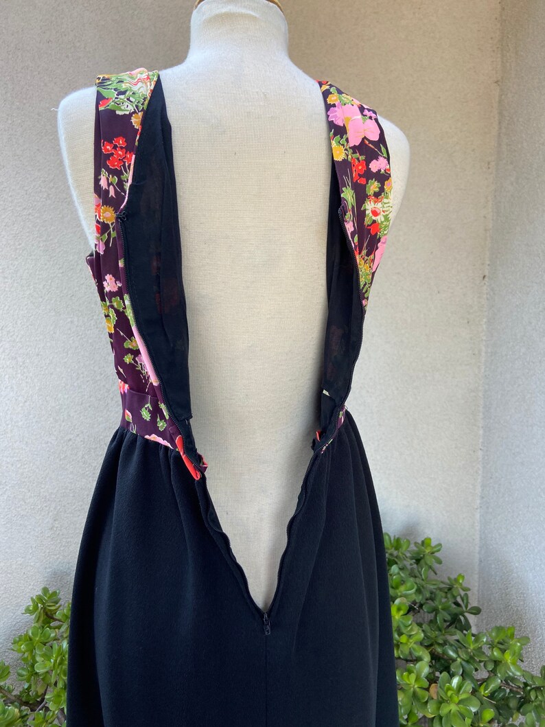 Vintage custom made boho maxi dress black with floral multi colors braid accents sz Medium. image 7