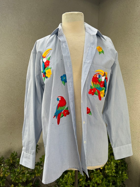 Vintage kitsch shirt blouse embroidered birds Sz … - image 7