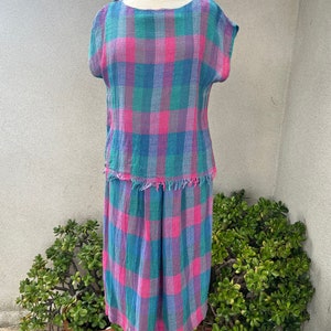 Vintage 80s skirt top set checkers green blue pink woven cotton Sz M Jo Hardin Dallas image 1