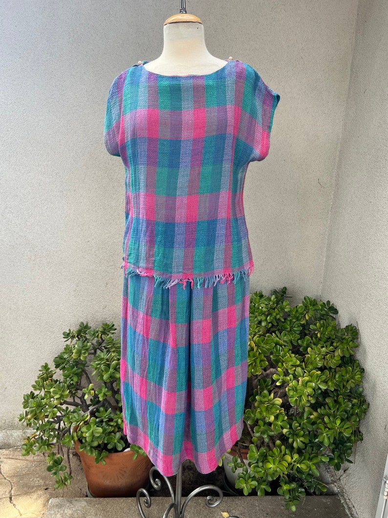 Vintage 80s skirt top set checkers green blue pink woven cotton Sz M Jo Hardin Dallas image 1