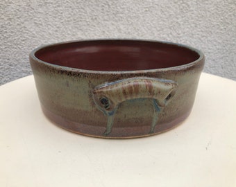 Vintage modern stoneware pottery casserole bowl rich browns green tones stamped DC 8.5”