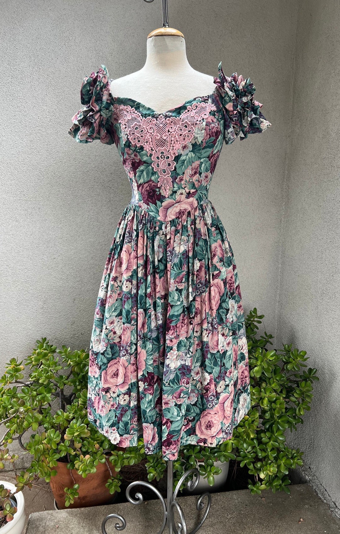 Vintage Jessica Mcclintock Bridal Pattern Green Pink Floral Dress