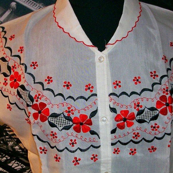Flowered 60's Filipino womens blouse or shirt in white with red and black embroidery