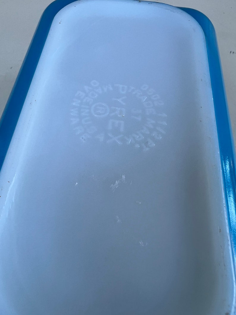 Vintage blue Pyrex small rectangular milk glass baking pan white snowflake 0502 1.5 pt image 9