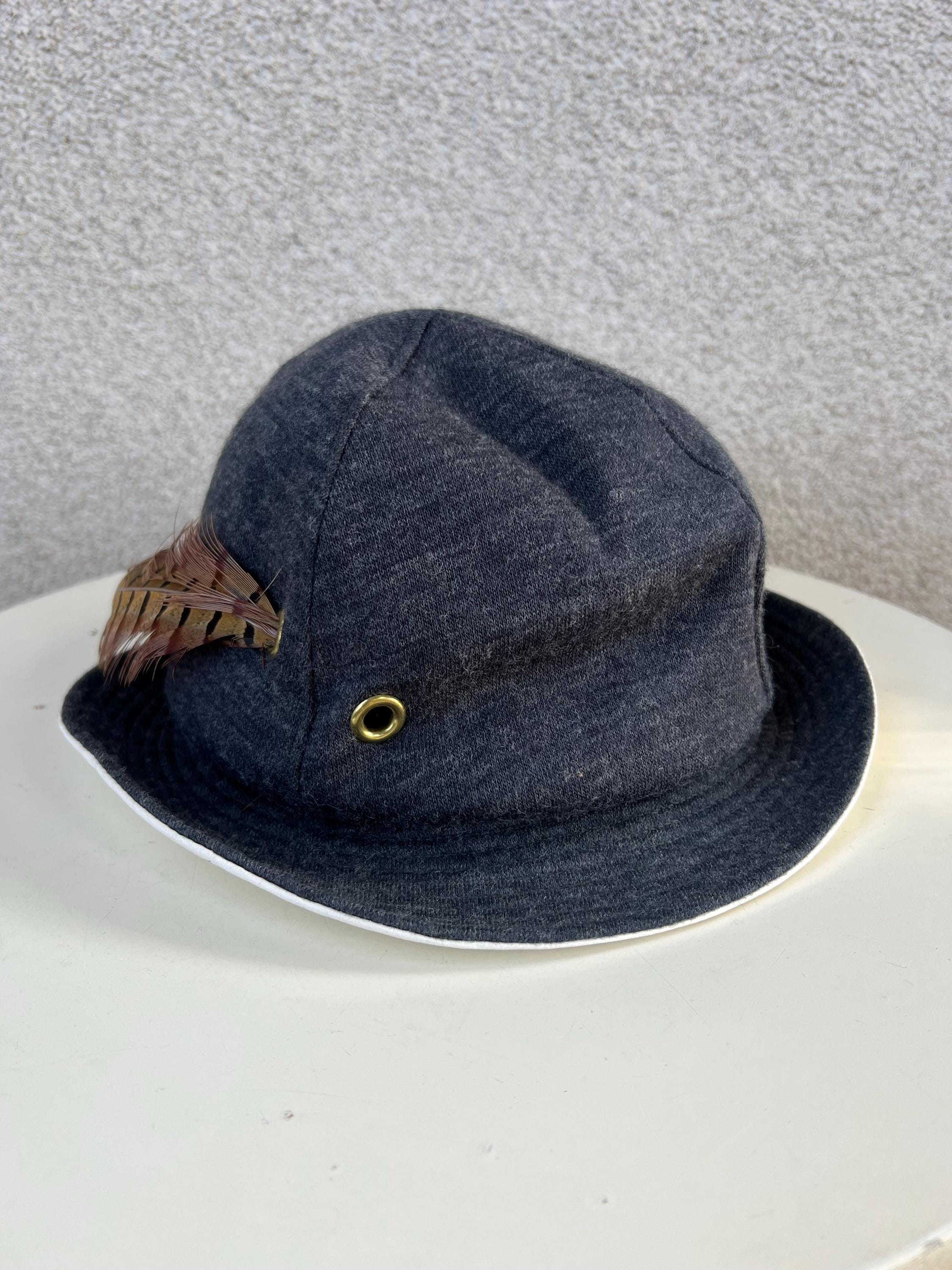 Vintage brim grey cream hat with long feather cotton Styled by Coralie sz 22. Vintage Brim Grey Cream Hat With Long Feather Cotton Styled  main image 3