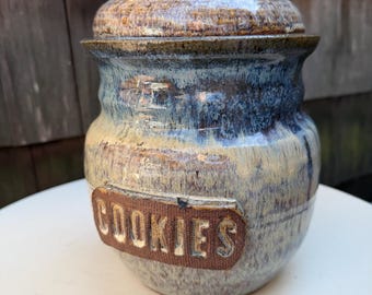 Vintage large cookies jar with lid studio art pottery blue purples glazed signed