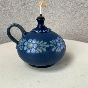 Vintage cottage chic blue green floral Mini pottery oil lamp signed image 1