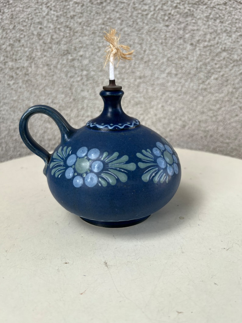 Vintage cottage chic blue green floral Mini pottery oil lamp signed image 1