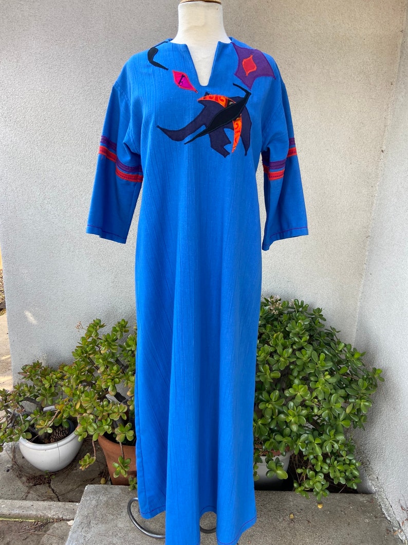 Vintage boho blue kaftan dress with appliqué accents custom made by Kirsten Helweg Large image 1