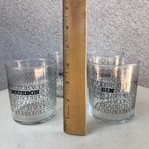 Vintage kitsch barware clear old fashions glasses set 4 black letters imprint Scotch Bourbon Gin Vodka by HBBZ Holds 10 oz image 7