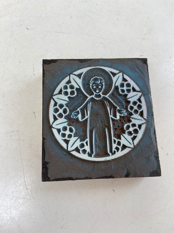 Vintage Religious Wood Letterpress Block: Halo Child Floral Print