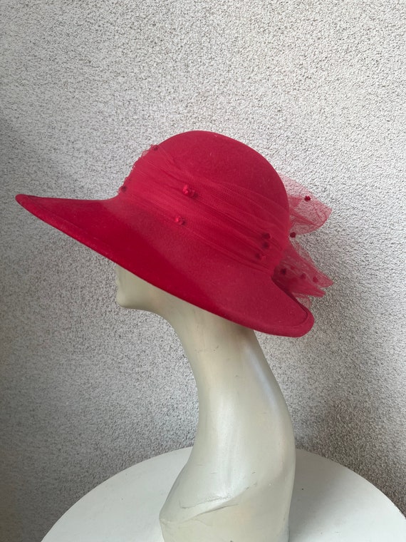 Vintage formal hat brim boater red wool felt with… - image 2