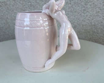 Vintage barware tiki mug soft pink ceramic woman nude handle holds 10 oz.