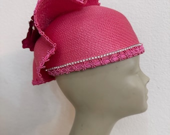 Vintage R.O.C. Church hat cloche style big bow pink faux straw Sz 6 3/4.