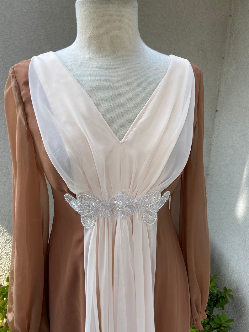 Vintage 1970s maxi sheer chiffon dress soft brown and cream with bodice beaded embellishment 8 Sm Emma Domb California image 3