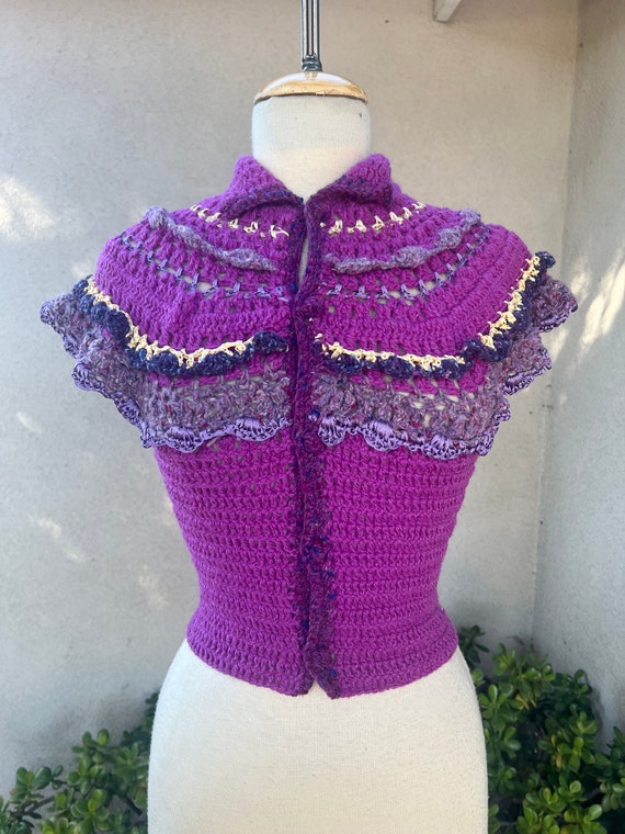 Vintage boho hand knit crochet vest top purples s… - image 9