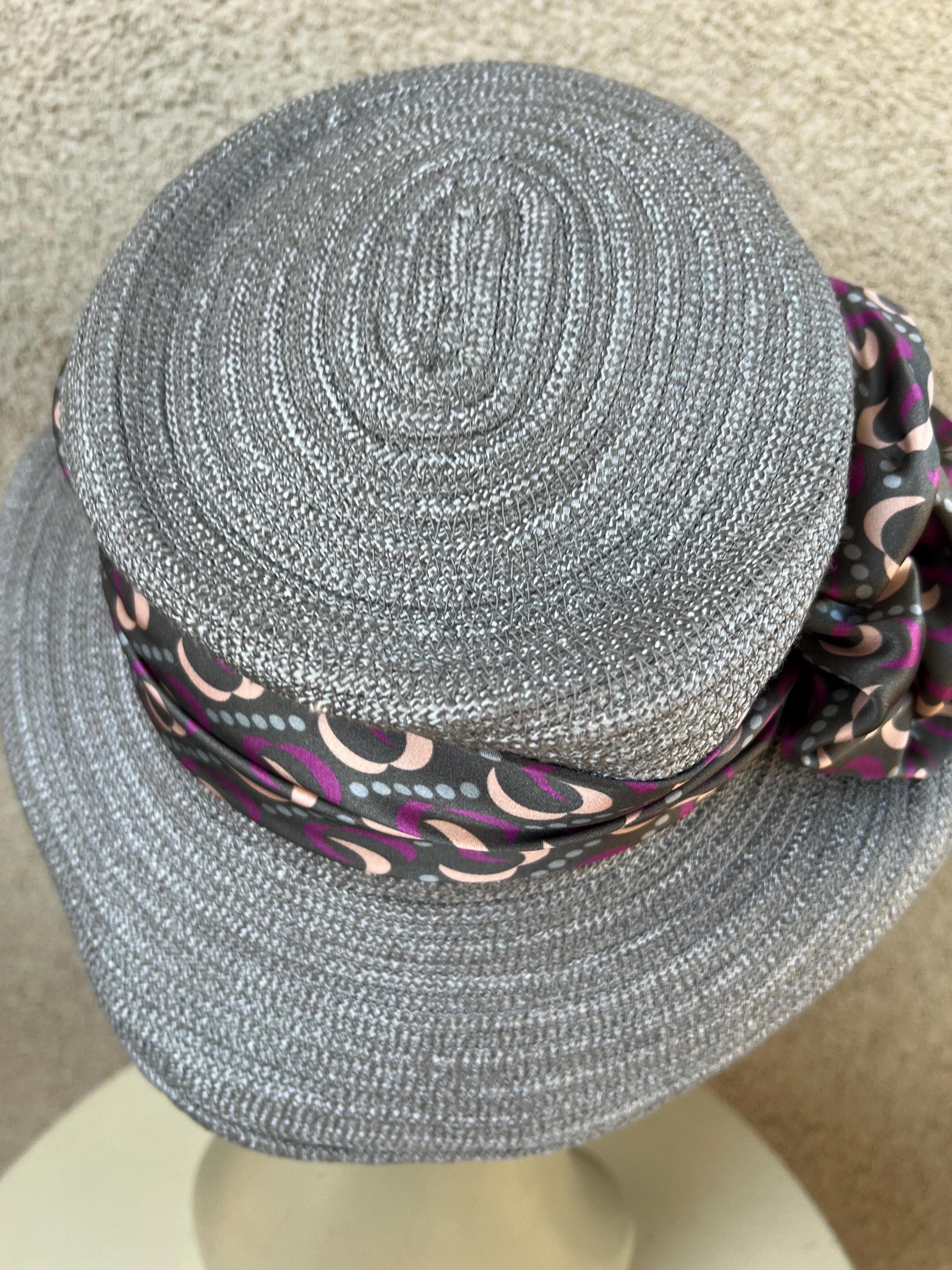 Vintage soft heavy weave fabric grey hat brim boater with multi color silk bow Vintage Grey Boater Hat With Silk Bow - Designer Millinery  main image 4