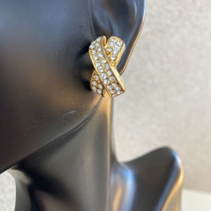 Vintage elegant Gold tone clear rhinestones X style earrings pierced 3/4 x 1/4 image 1