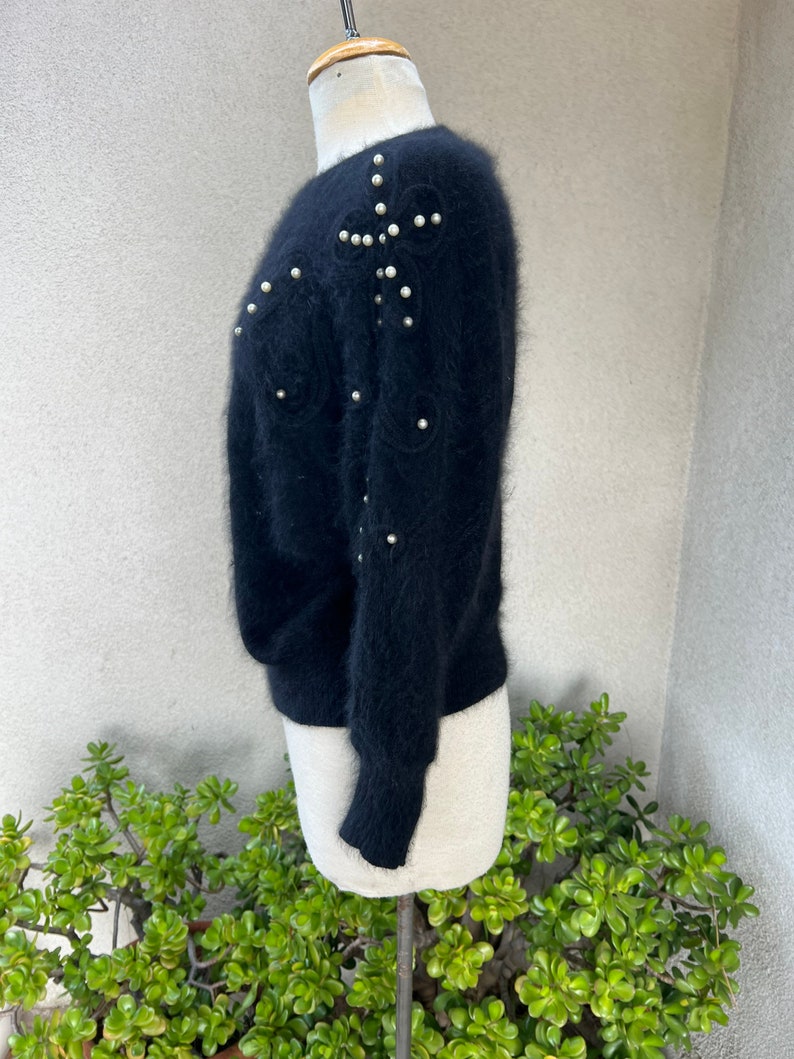 Vintage glam black angora wool pullover textured sweater with pearls embellishments S/M by Jessica California image 5