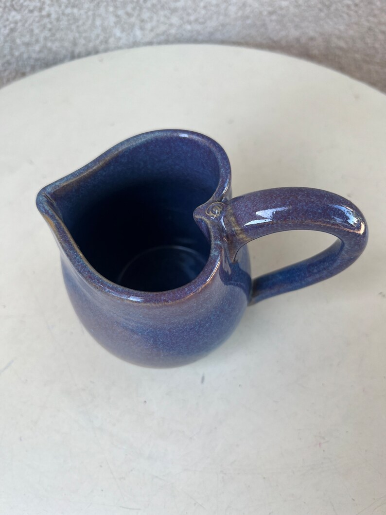 Vintage studio art pottery creamer pitcher heart shape glossy purple blue tones image 5