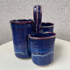 Vintage studio art pottery blue utensils holder 3 openings signed Jus Cuz Pottery Texas